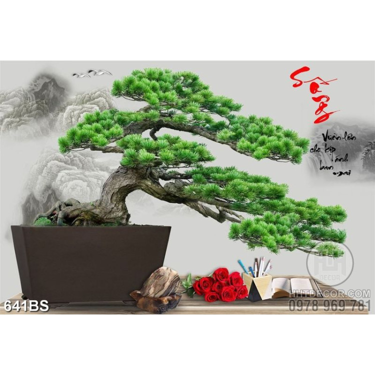 Tranh chậu bonsai in canvas cây tùng bên những bông hồng