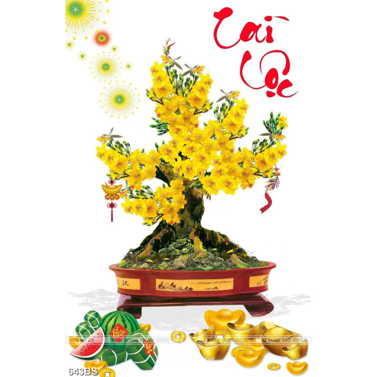 Tranh chậu bonsai cây mai vàng bên trái dưa hấu đỏ in 3d