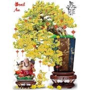 Tranh chậu bonsai treo tường cây mai vàng bên tượng phật