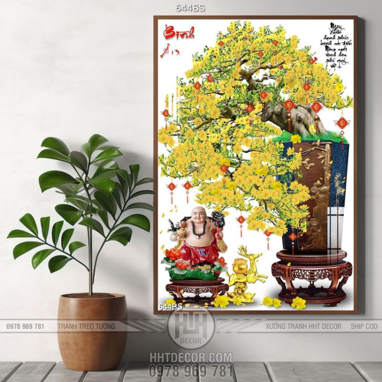 Tranh chậu bonsai treo tường cây mai vàng bên tượng phật