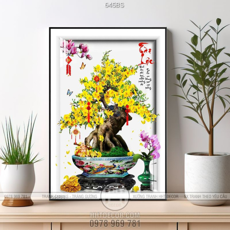 Tranh chậu bonsai tài lộc cây mai vàng bên bình hoa lan