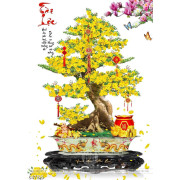 Tranh chậu bonsai dán tường cây mai vàng bên chữ tài lộc