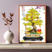 Tranh chậu bonsai dán tường cây mai vàng bên chữ tài lộc