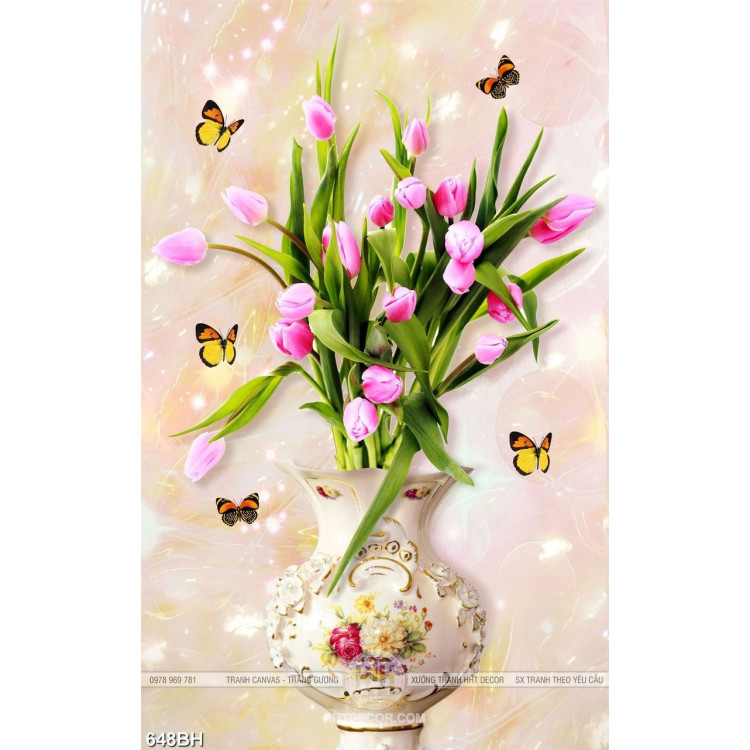 Tranh bình hoa in uv chiếc bình gốm tinh xảo bên hoa tulip