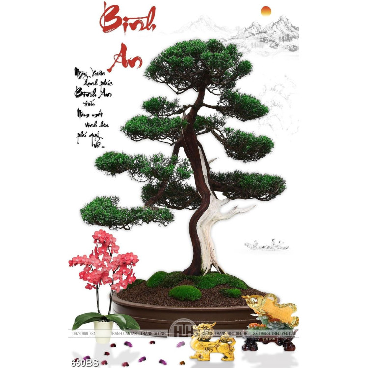 Tranh chậu bonsai nghệ thuật cây tùng bên tượng sư tử vàng