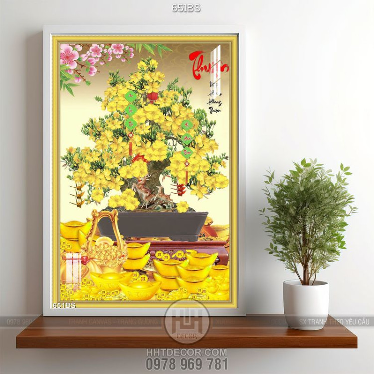 Tranh chậu bonsai cây mai vàng khoe sắc đôi huơu in canvas