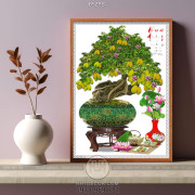 Tranh chậu bonsai trang trí cây khế sai quả bên bình hoa sen