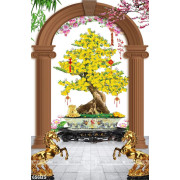 Tranh chậu bonsai phong thủy cây mai vàng bên tượng mã