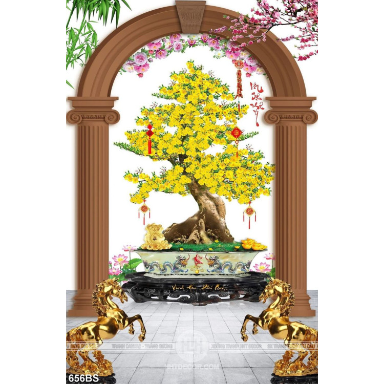 Tranh chậu bonsai phong thủy cây mai vàng bên tượng mã