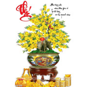 Tranh chậu bonsai dán tường cây mai vàng bên chữ phúc