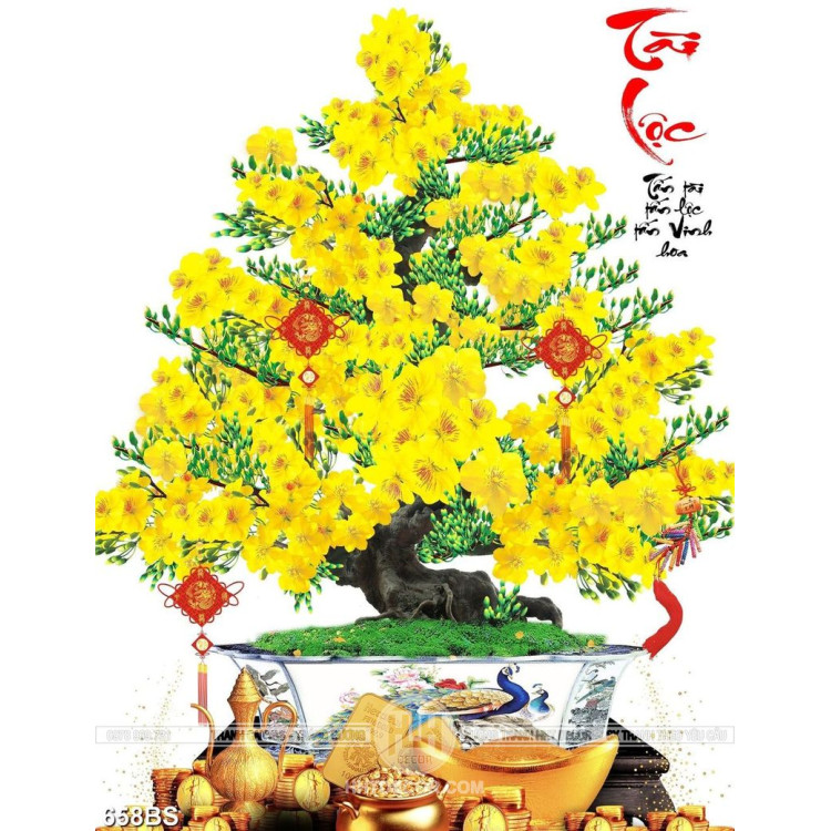 Tranh chậu bonsai cây mai vàng bên câu đối tài lộc in uv