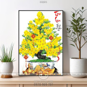 Tranh chậu bonsai cây mai vàng bên câu đối tài lộc in uv