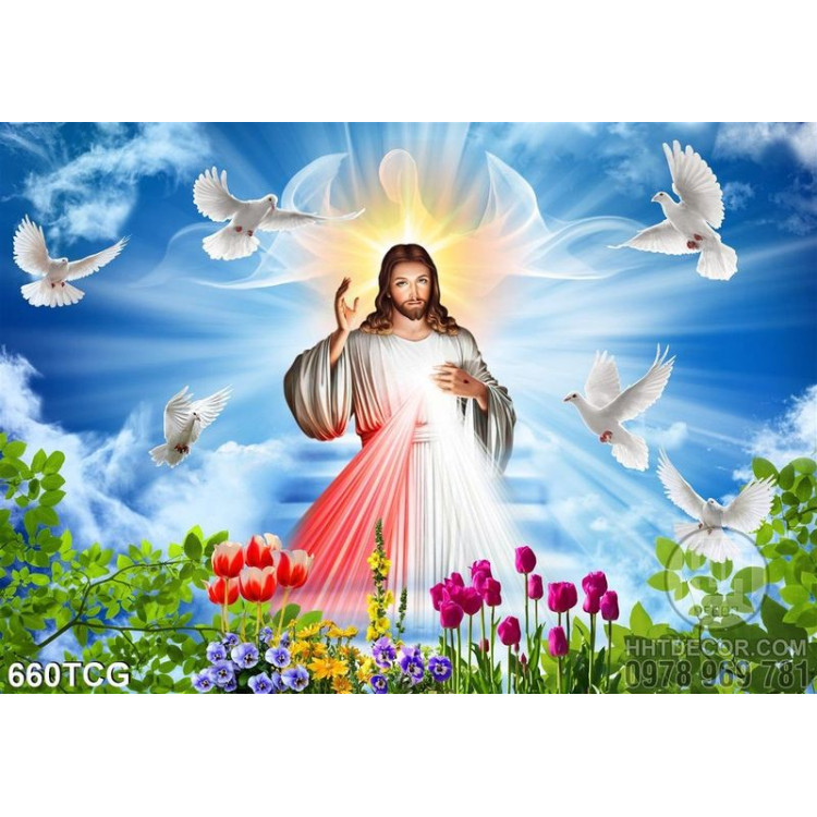 Tranh Chúa Jesus và đàn chim bồ cầu trắng