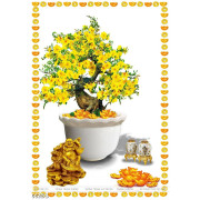 Tranh chậu bonsai in uv cây mai vàng bên tượng phật di lặc