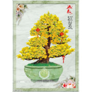 Tranh chậu bonsai psd cây mai vàng bên câu đối phú quý