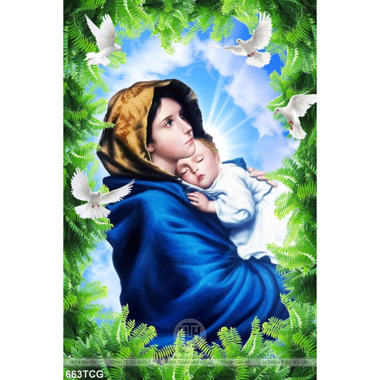 Tranh Mẹ Maria ru ngủ Chúa hài nhi in gạch uv
