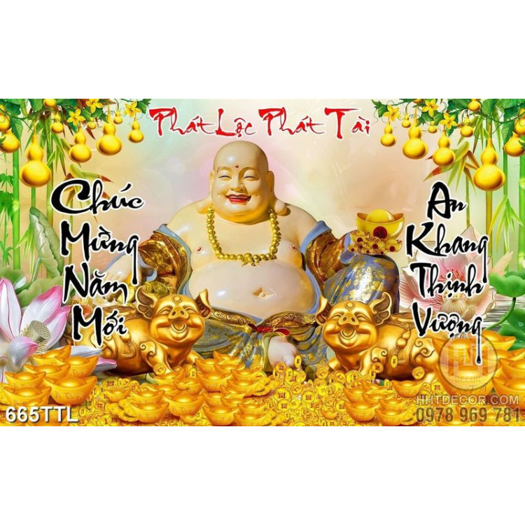 Tranh tài lộc trang trí tết Phật Di Lặc và heo vàng in kính