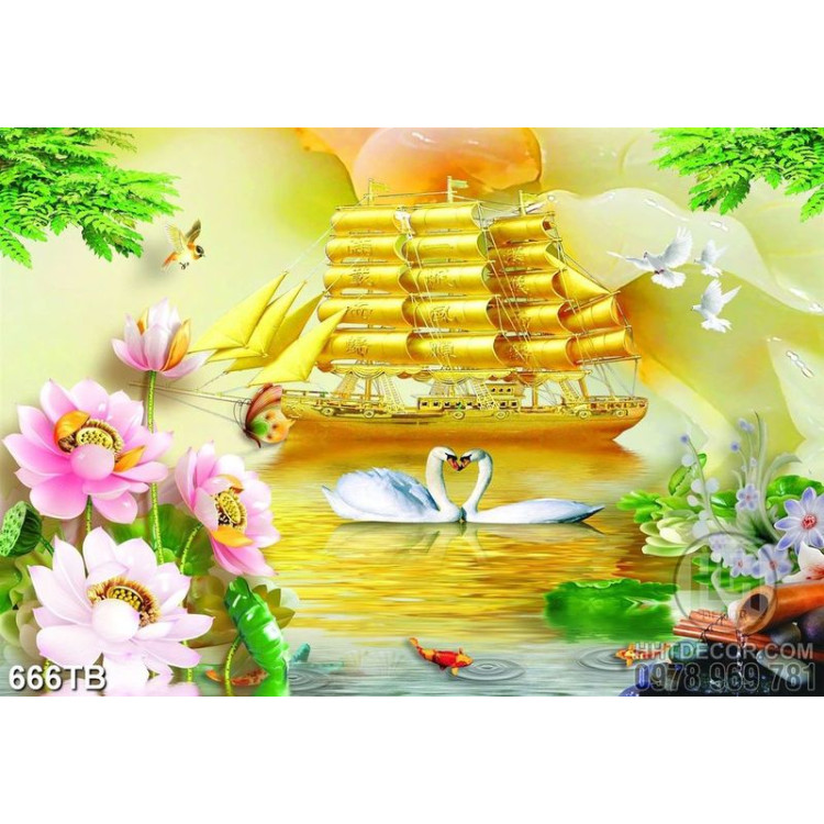 Tranh thuyền vàng bên đôi thiên nga và hoa sen đẹp nhất 