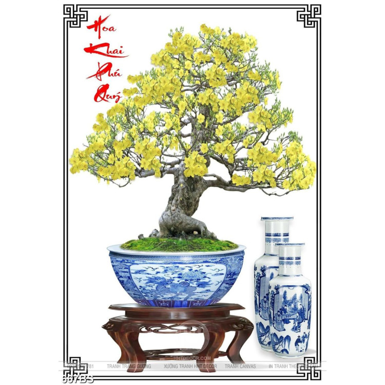 Tranh chậu bonsai cây mai vàng bên những bình gốm in 3d