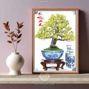 Tranh chậu bonsai cây mai vàng bên những bình gốm in 3d