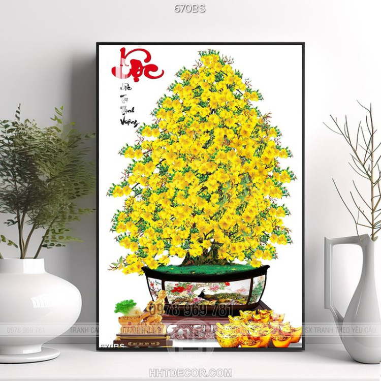 Tranh chậu bonsai cây mai vàng bên những thỏi vàng chói