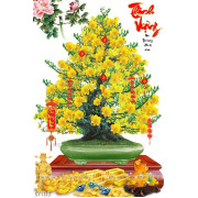 Tranh chậu bonsai dán tường cây mai vàng bên mẫu đơn