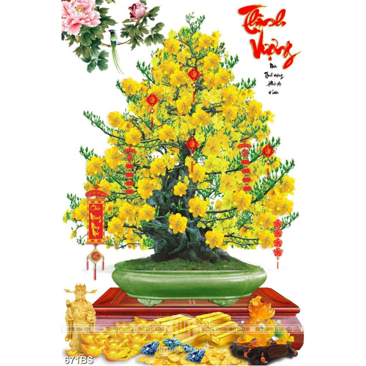 Tranh chậu bonsai dán tường cây mai vàng bên mẫu đơn
