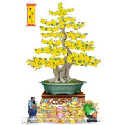 Tranh chậu bonsai in uv cây mai vàng bên câu đối tài lộc