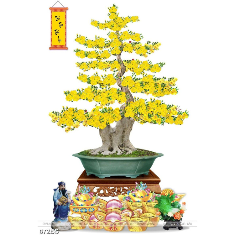 Tranh chậu bonsai in uv cây mai vàng bên câu đối tài lộc