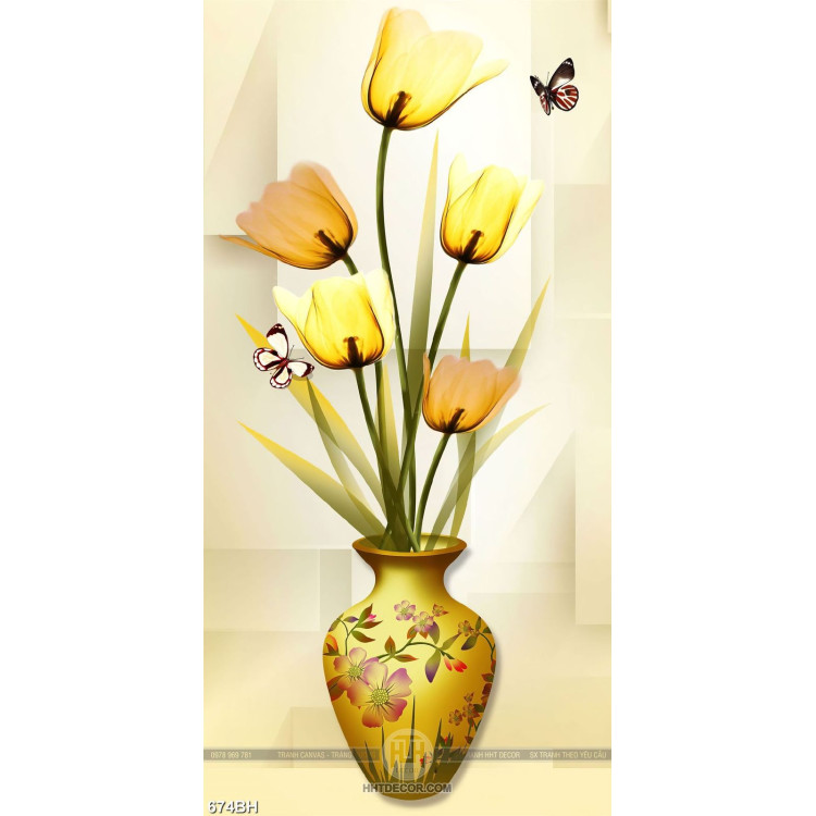 Tranh bình hoa trang trí chú bướm xinh bên bông hoa tulip