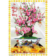Tranh chậu bonsai in canvas cây hoa đào bên núi vàng