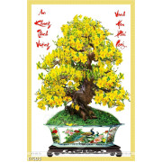 Tranh chậu bonsai trang trí cây mai vàng bên câu đối