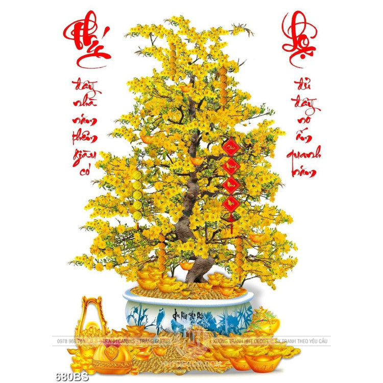 Tranh chậu bonsai phong thủy cây mai vàng bên câu đối