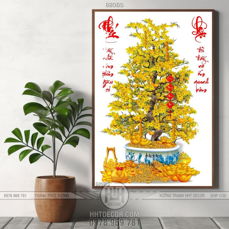 Tranh chậu bonsai phong thủy cây mai vàng bên câu đối