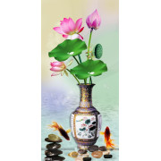 Tranh bình hoa sen hồng bên đàn cá chép vàng nghệ thuật
