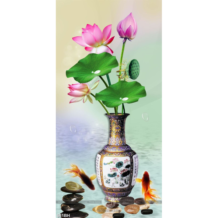 Tranh bình hoa sen hồng bên đàn cá chép vàng nghệ thuật