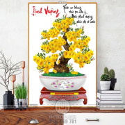 Tranh chậu bonsai dán tường cây mai bên chữ thịnh vượng