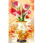 Tranh bình hoa tulip màu hồng bên trong bình gỉa ngọc psd