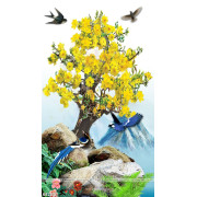 Tranh chậu bonsai in uv cây mai vàng bên đàn chim én