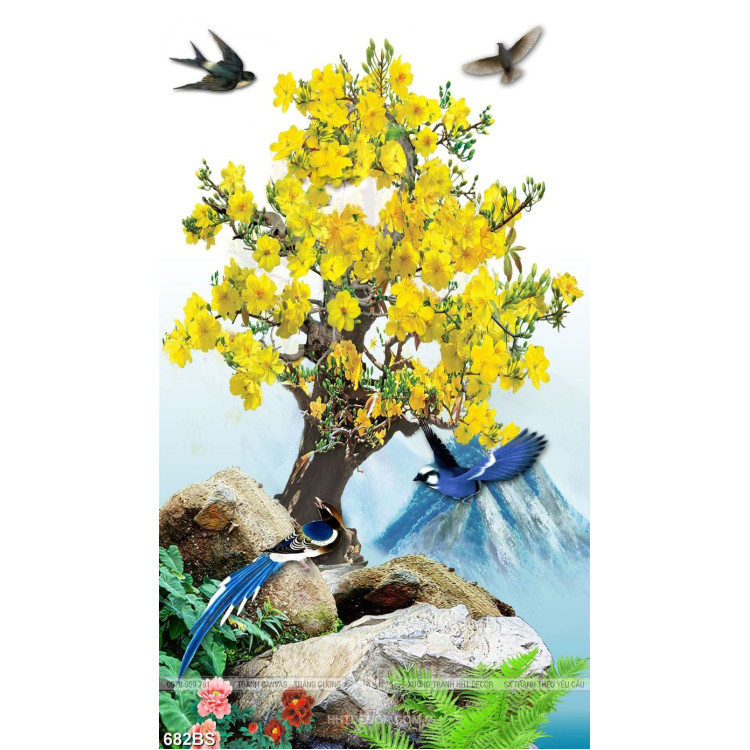 Tranh chậu bonsai in uv cây mai vàng bên đàn chim én