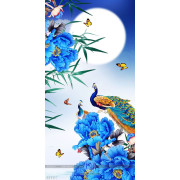 Tranh chim công và hoa mẫu đơn màu xanh