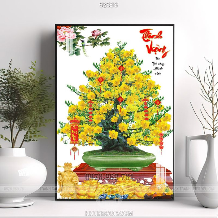 Tranh chậu bonsai cây mai vàng thịnh vượng in canvas