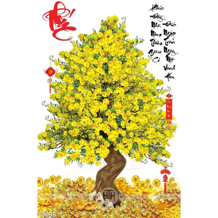 Tranh chậu bonsai trang trí cây mai vàng bên chữ phúc