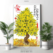 Tranh chậu bonsai trang trí cây mai vàng bên chữ phúc