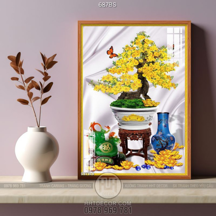 Tranh chậu bonsai cây mai vàng bên chiếc bình gốm in 3d