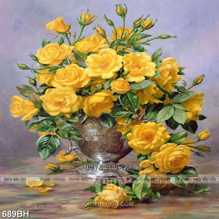Tranh bình hoa decor những bông hoa hồng màu vàng xinh đẹp