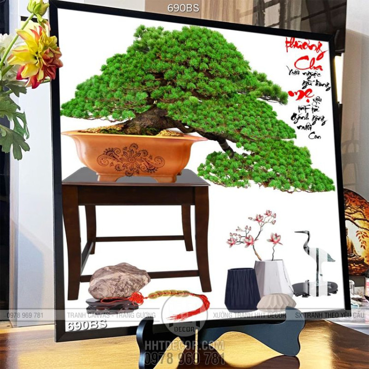 Tranh chậu bonsai phong thủy cây tùng xanh bên tượng hạc