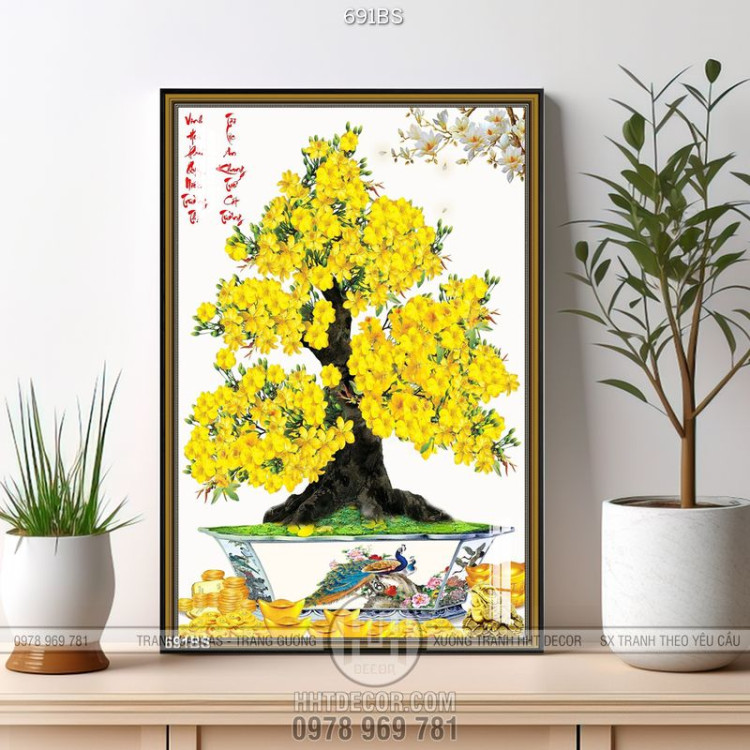 Tranh chậu bonsai dán tường cây mai vàng và hoa mộc lan