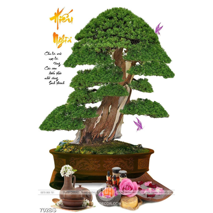Tranh chậu bonsai treo tường cây bách tùng bên câu đối