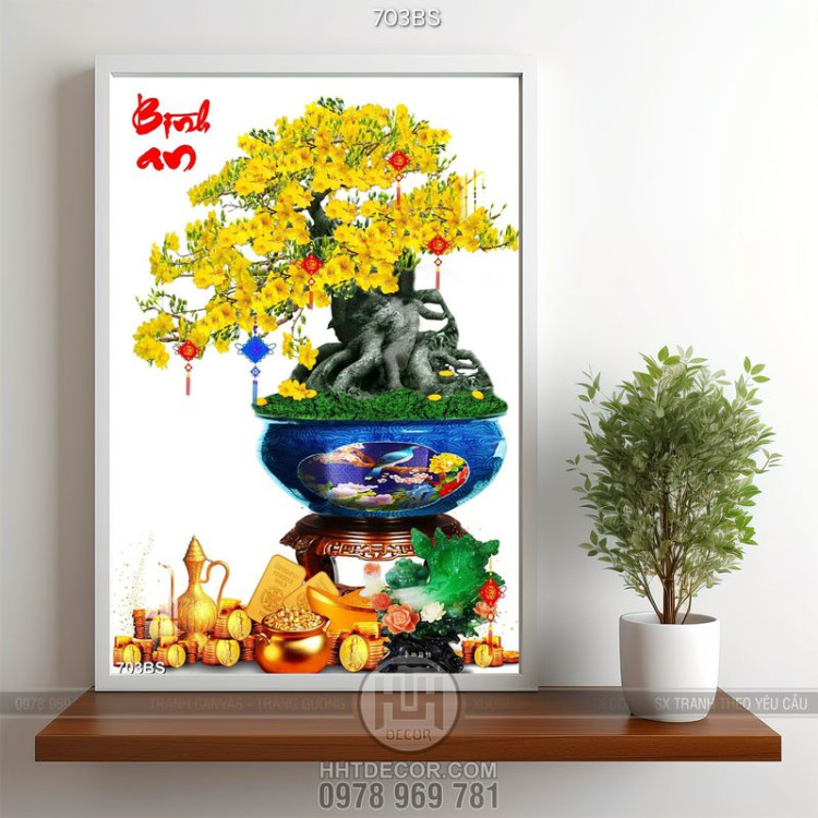 Tranh chậu bonsai cây mai vàng tài lộc bên chữ bình an